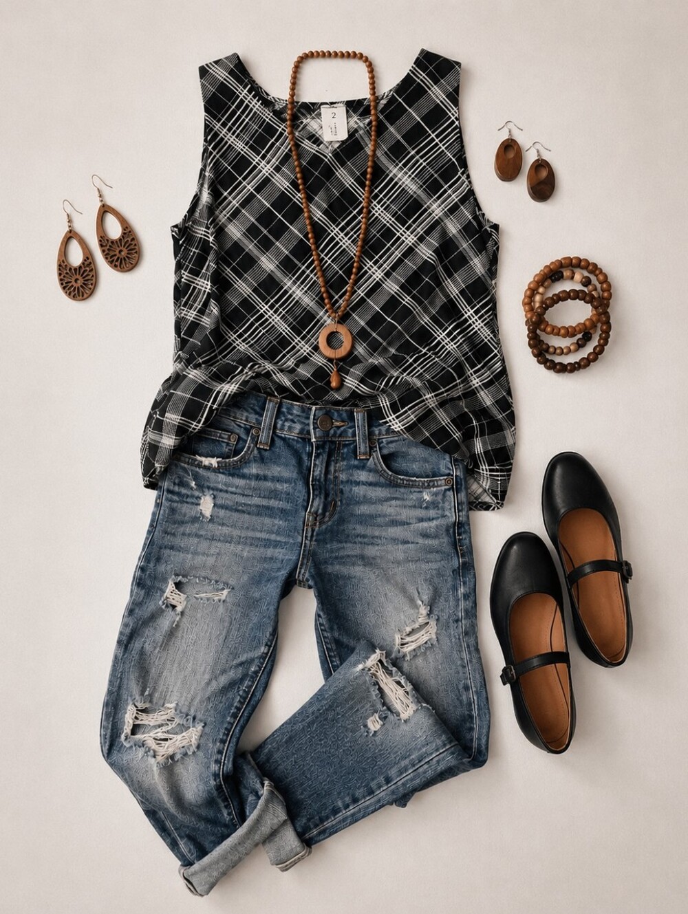 CHICO'S Black & White Plaid Boho Minalist Top